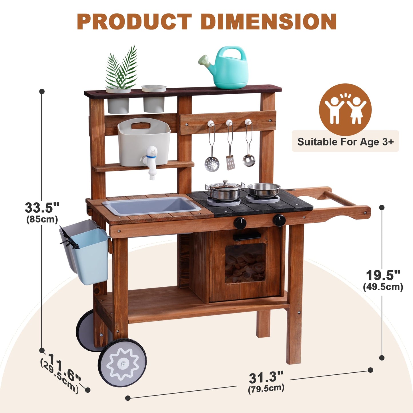 ROBUD Wooden Outdoor Kitchen Playset with Wheels - Mud