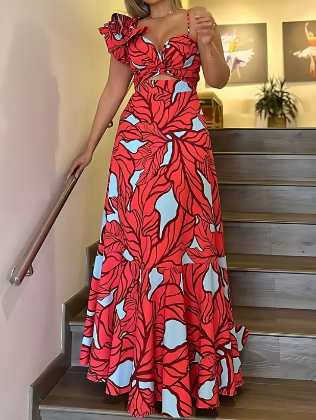Floral Print High-Waisted Spaghetti Strap Cut-Out Maxi Dress