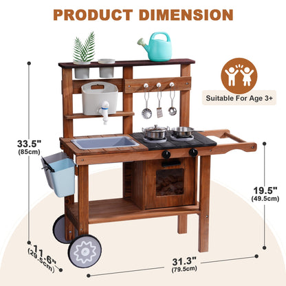 ROBUD Wooden Outdoor Kitchen Playset with Wheels - Mud