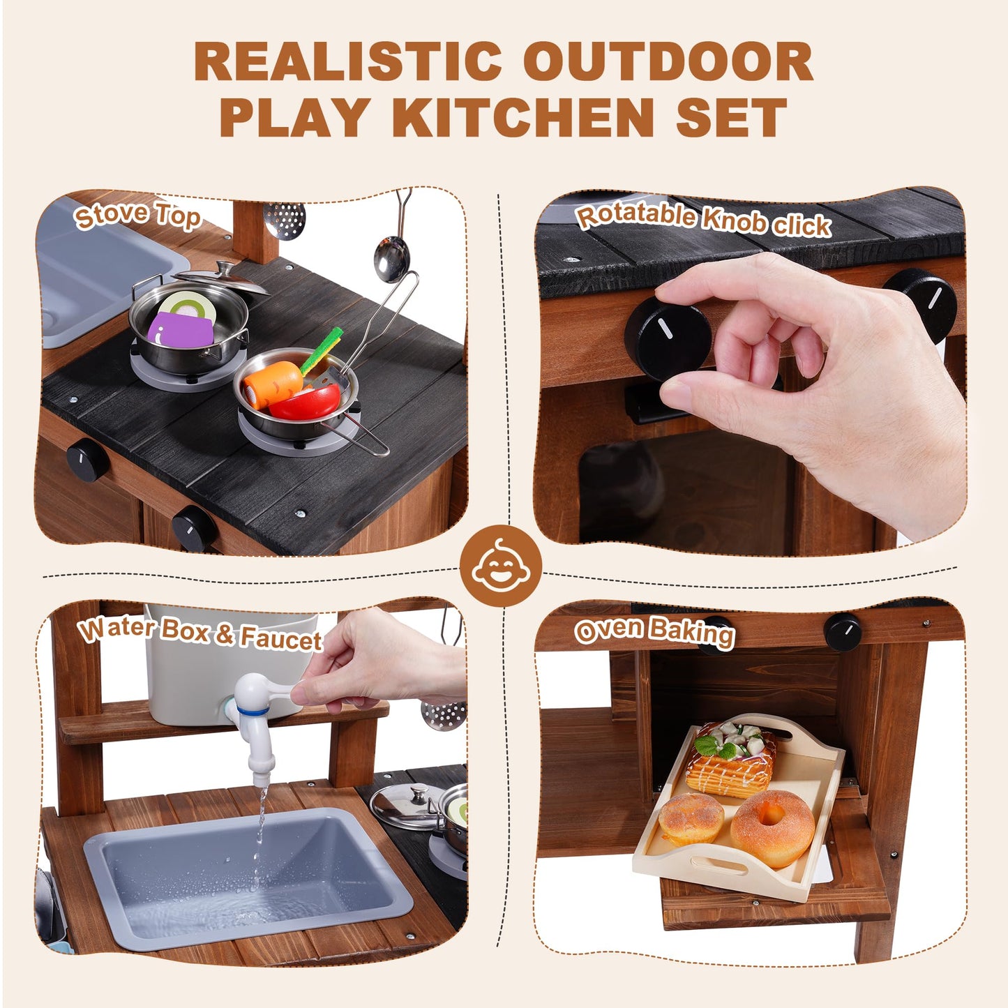 ROBUD Wooden Outdoor Kitchen Playset with Wheels - Mud