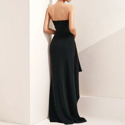 Strapless Sexy Backless High-Slit Solid Color Gown