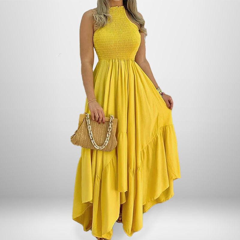 Ruched Sleeveless Solid Color Asymmetrical Flared Dress