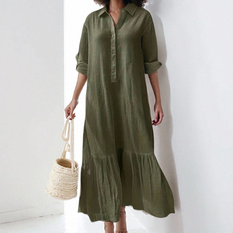 Asymmetrical Shirt Collar Button-Up Casual Long Sleeve Dress