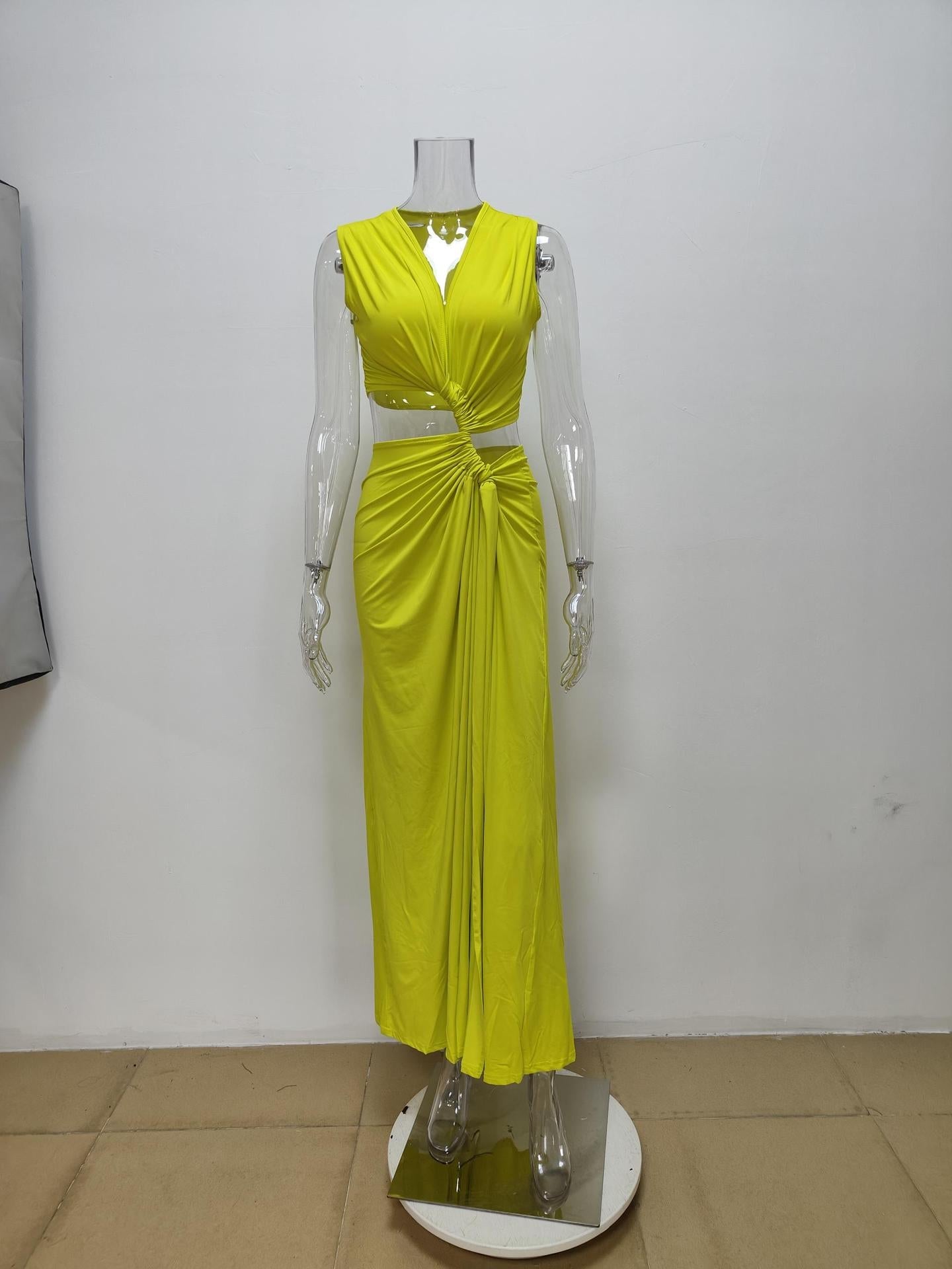 Cut-Out Knot V-Neck Sleeveless Pleated Asymmetrical Slit Dress