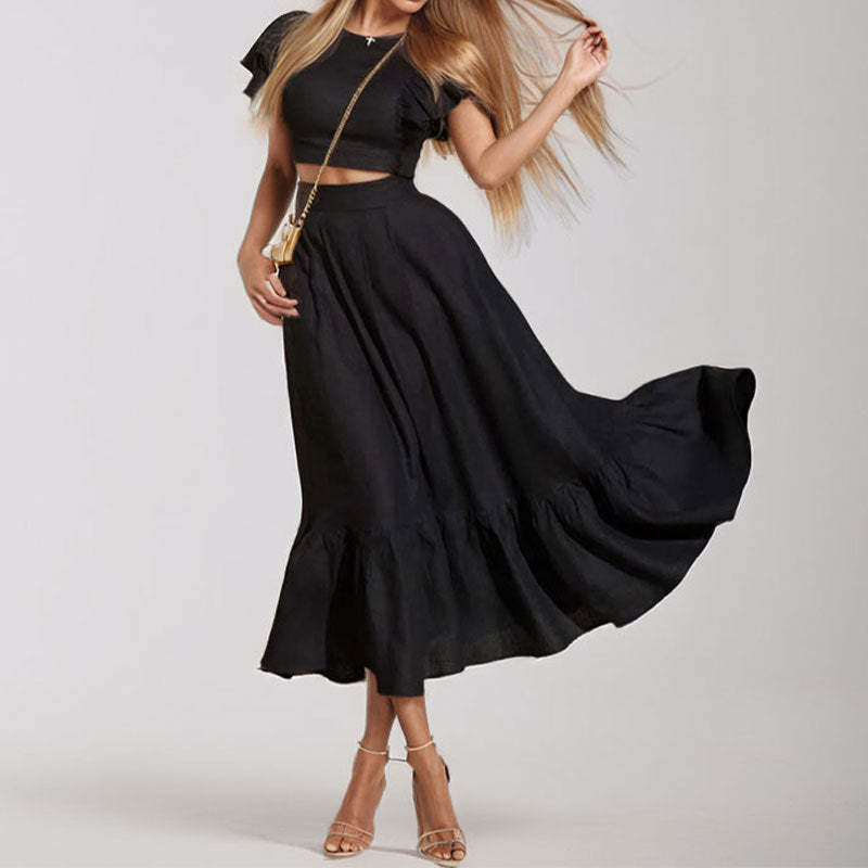 Two-Piece Set with Ruffled Short-Sleeve Crop Top and High-Waisted Solid Color Maxi Skirt