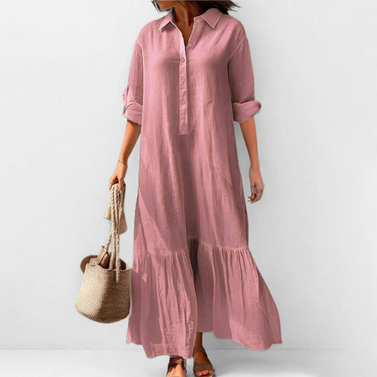 Asymmetrical Shirt Collar Button-Up Casual Long Sleeve Dress