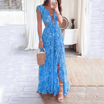 V-Neck Floral Print Cut-Out Slit Dress